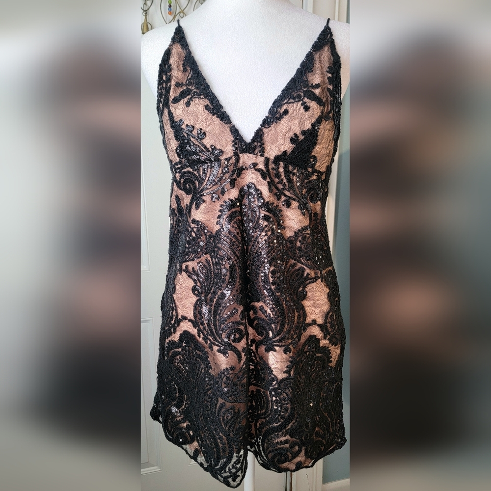 Free People Night Shimmers Micro Chemise Dress Woman's 4 Black Tan Sequined Lace